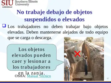Slide 87: No trabaje debajo de objetos suspendidos o elevados