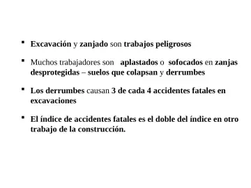 Slide 13: Peligros de derrumbe en Excavaciones y Zanjas