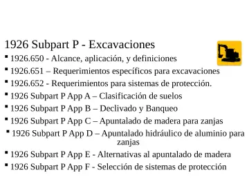 Slide 16: Normas de la OSHA para Excavaciones (29 CFR 1926 Subpart P) 1926 Subpart P - Excavaciones