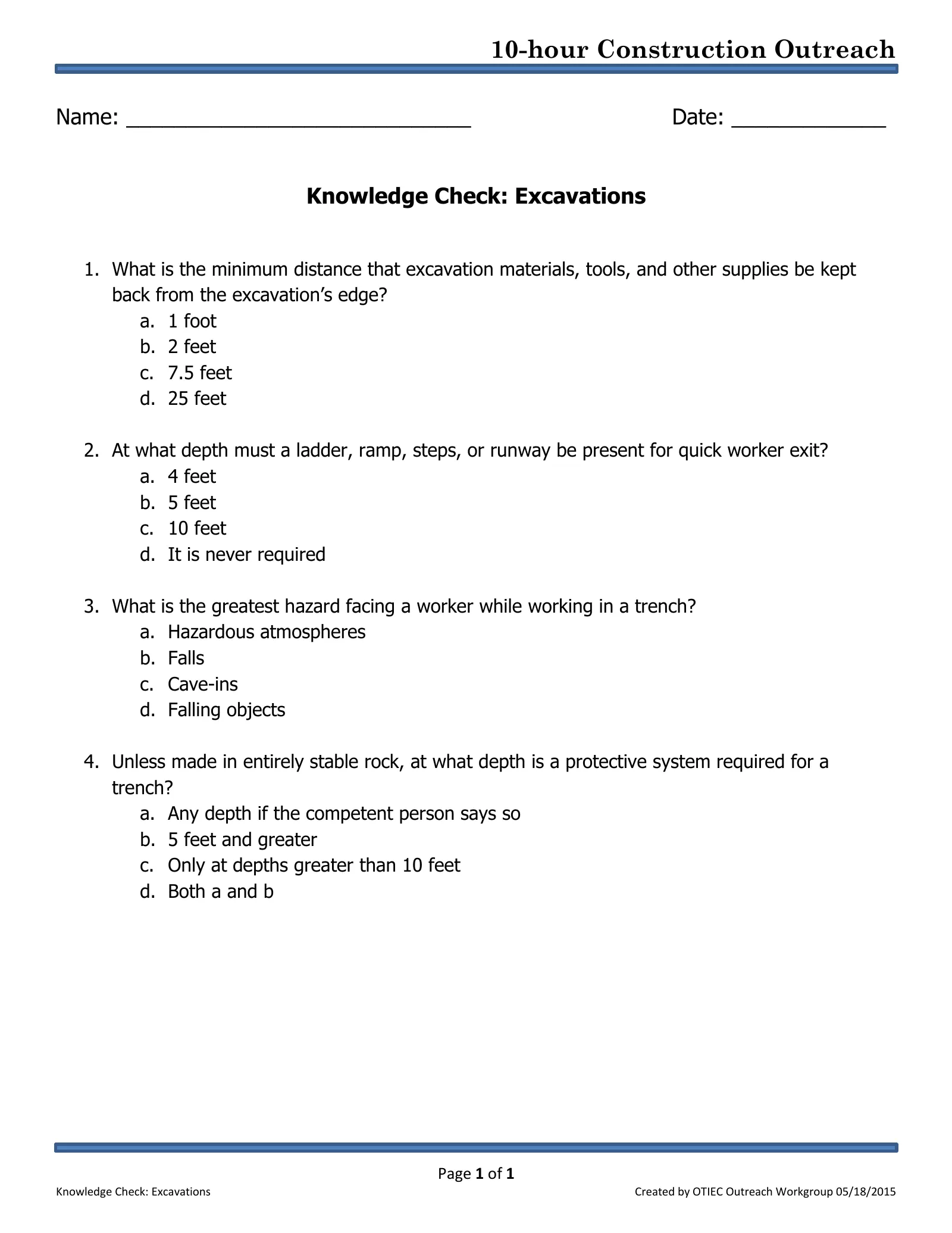 Excavations: Knowledge Check (OSHA 10-Hour Construction Outreach), page 1: 10-hour Construction Outreach