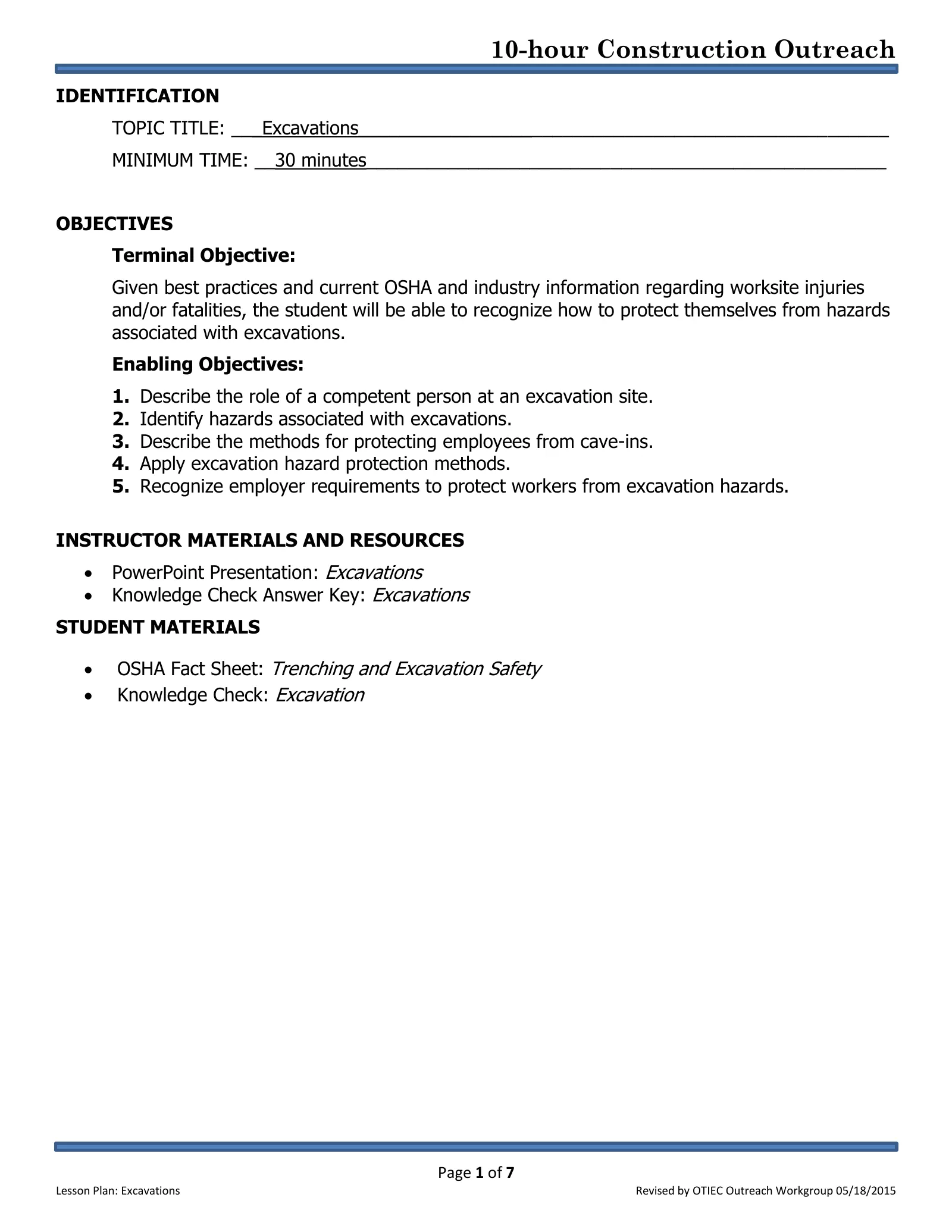 Excavations: Lesson Plan (OSHA 10-Hour Construction Outreach), page 1: IDENTIFICATION