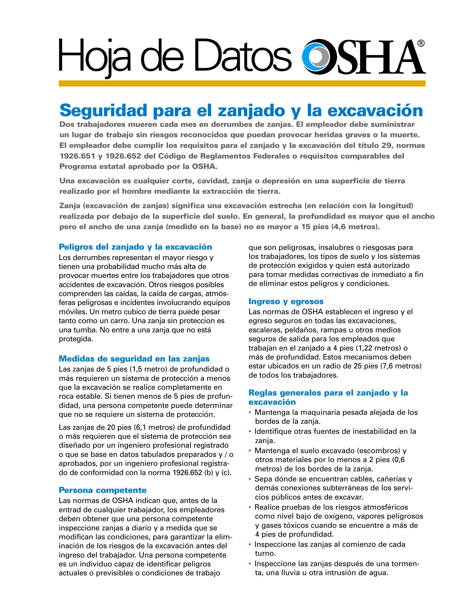 Hoja informativa: Seguridad en zanjas y excavaciones, page 1: Hoja de Datos