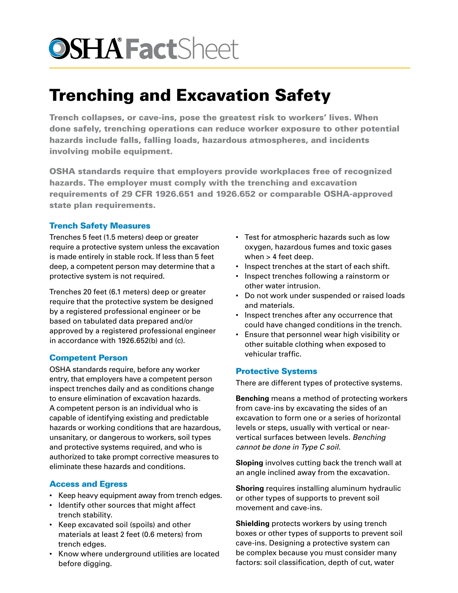 Trenching and Excavation Safety Fact Sheet, page 1: FactSheet