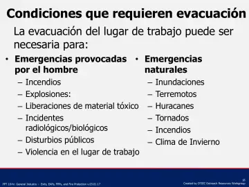 Slide 18: Condiciones que requieren evacuación