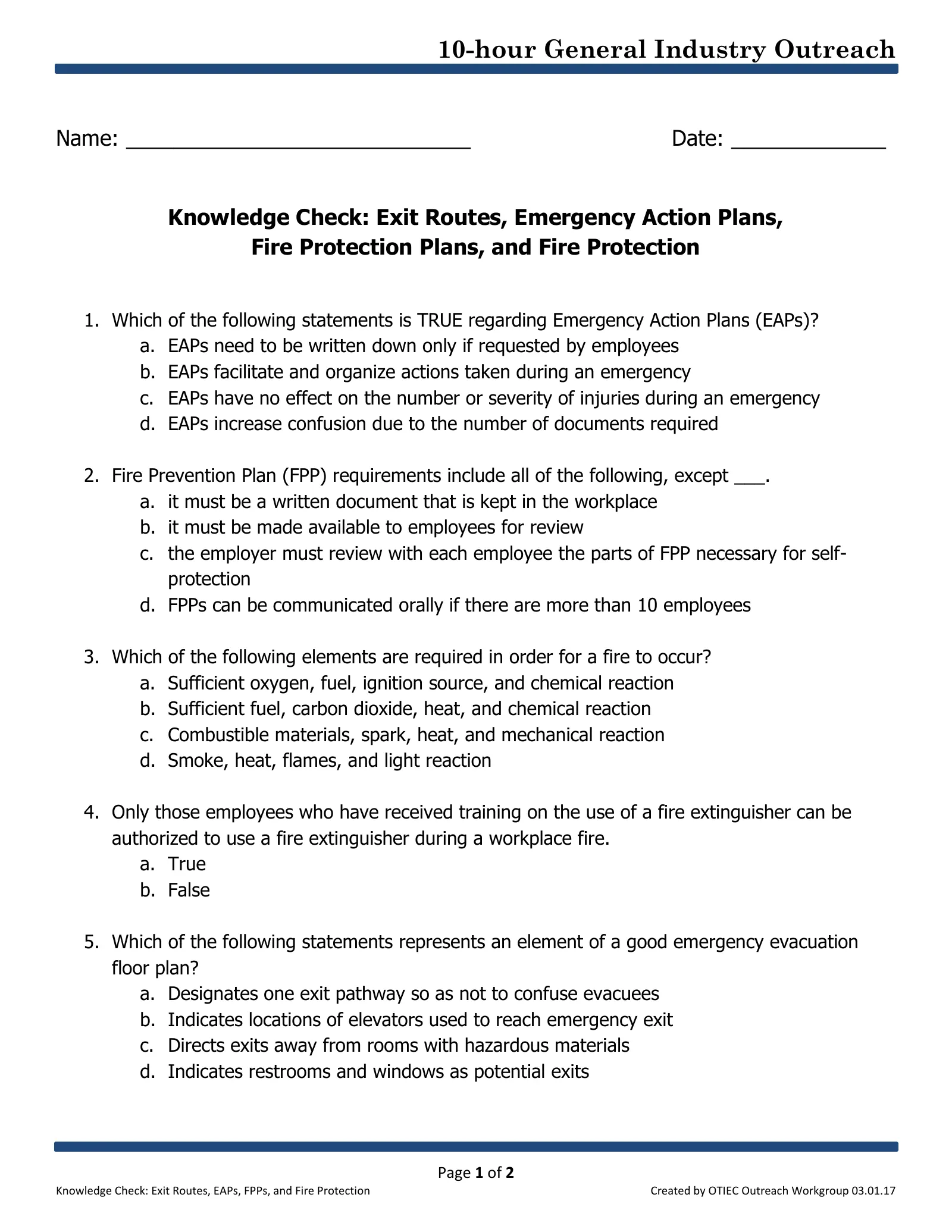Exit Routes, Emergency Action Plans, Fire Prevention Plans, and Fire Protection: Knowledge Check (OSHA 10-Hour General Industry Outreach), page 1: 10-hour General Industry Outreach