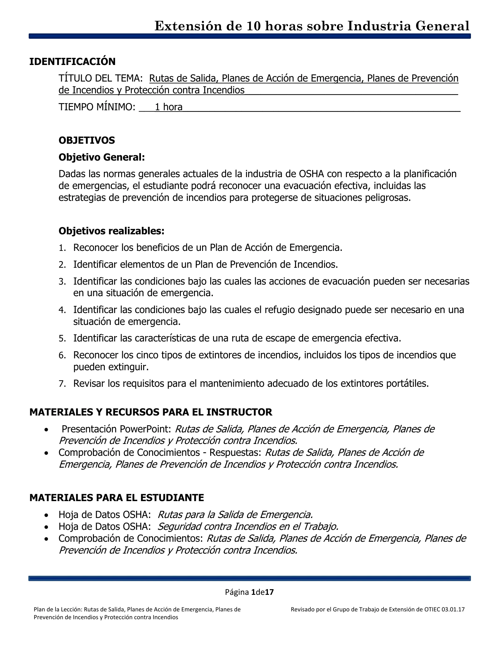 Rutas de salida, planes de acción de emergencia, planes de prevención de incendios y protección contra incendios: Plan de lección (Capacitación de Extensión de 10 horas de OSHA, Industria General), page 1: IDENTIFICACIÓN