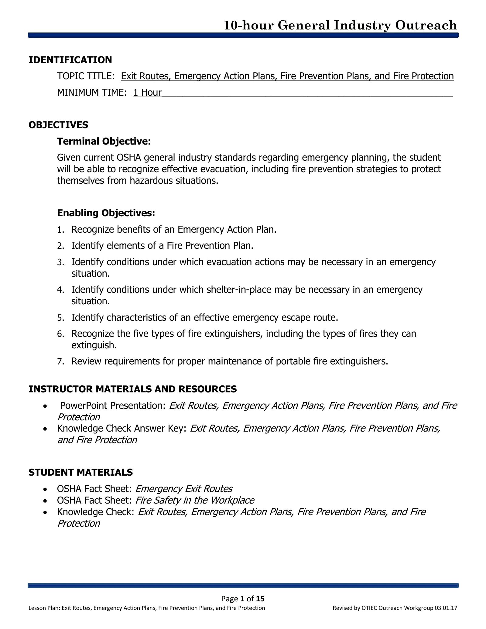 Exit Routes, Emergency Action Plans, Fire Prevention Plans, and Fire Protection: Lesson Plan (OSHA 10-Hour General Industry Outreach), page 1: IDENTIFICATION
