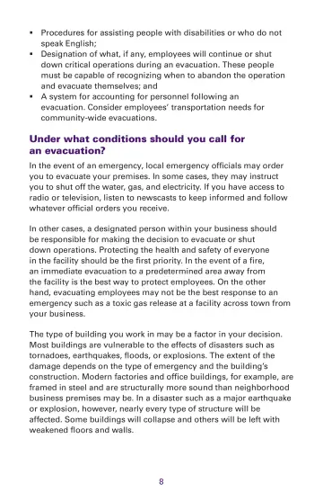 Page 8: Under what conditions should you call for an evacuation?