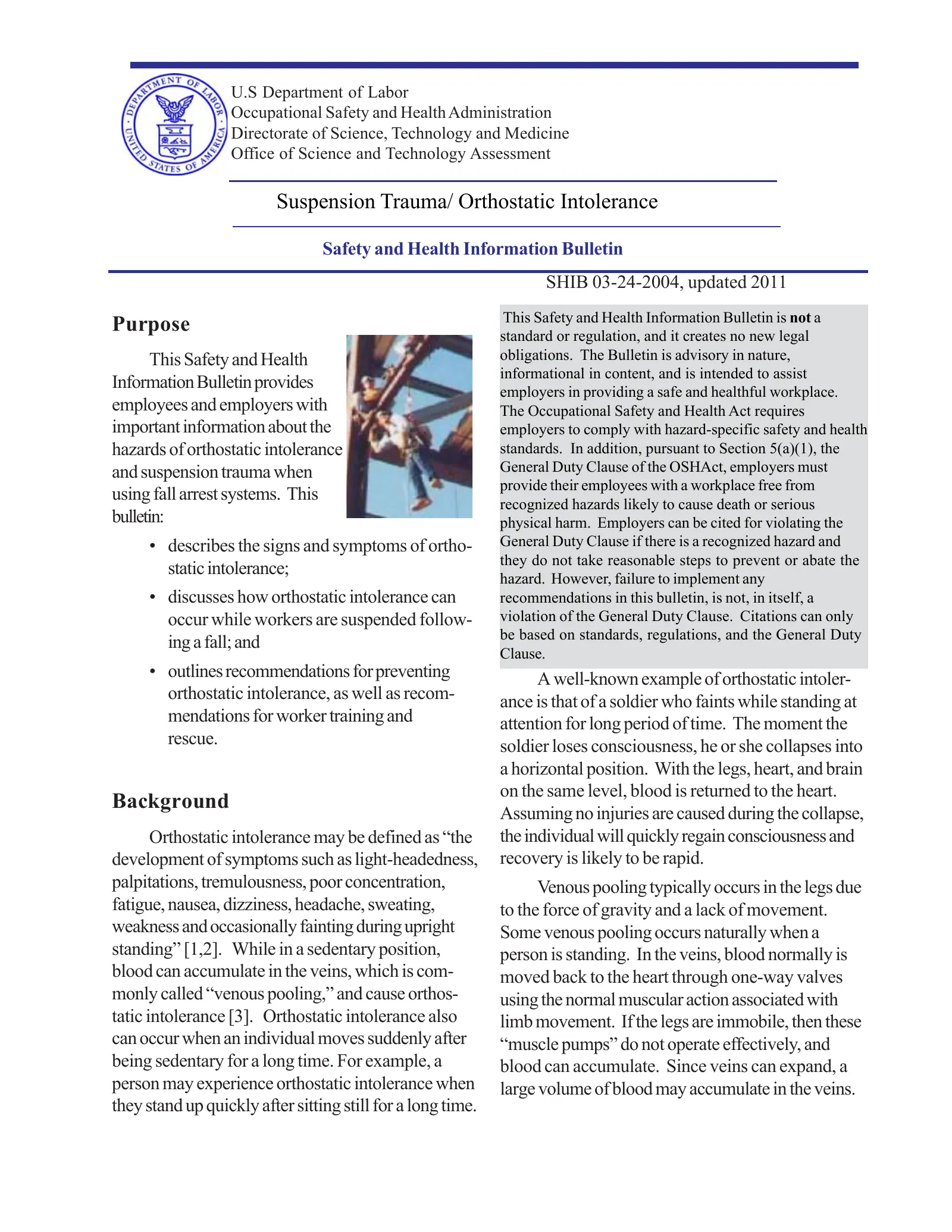 Suspension Trauma/Orthostatic Intolerance (OSHA SHIB 03-24-2004), page 1: Suspension Trauma/ Orthostatic Intolerance