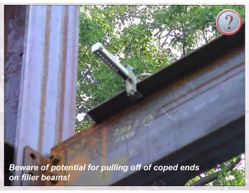 Slide 117: Beware of potential for pulling off of coped ends on filler beams!