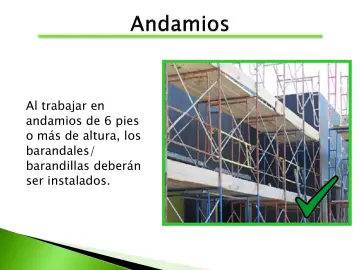 Slide 18: Al trabajar en andamios de 6 pies o más de altura, los barandales/ barandillas deberán ser…