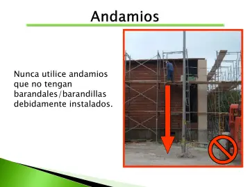 Slide 19: Nunca utilice andamios que no tengan barandales/barandillas debidamente instalados.