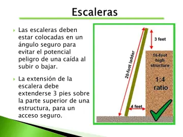 Slide 39: Las escaleras deben estar colocadas en un ángulo seguro para evitar el potencial peligro…