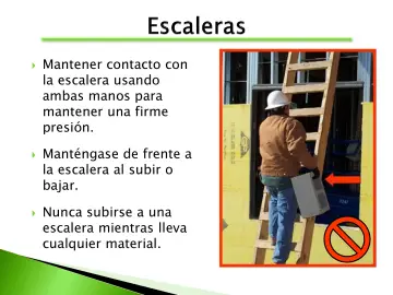 Slide 42: Mantener contacto con la escalera usando ambas manos para mantener una firme presión.