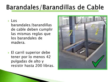 Slide 61: Los barandales/barandillas de cable deben cumplir las mismas reglas que los barandales de…