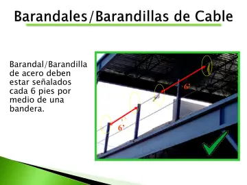 Slide 62: Barandal/Barandilla de acero deben estar señalados cada 6 pies por medio de una bandera.