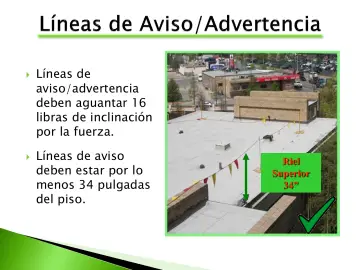 Slide 65: Líneas de aviso/advertencia deben aguantar 16 libras de inclinación por la fuerza.