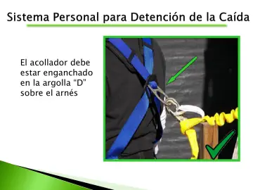 Slide 72: El acollador debe estar enganchado en la argolla “D” sobre el arnés