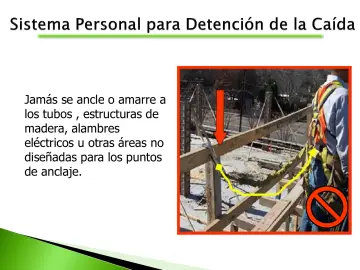 Slide 73: Jamás se ancle o amarre a los tubos , estructuras de madera, alambres eléctricos u otras…