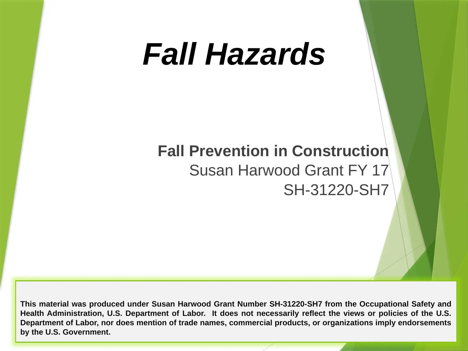 Fall Hazards in Construction, slide 1: Fall Hazards