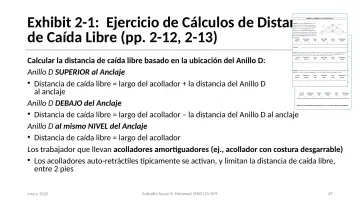 Slide 49: Exhibit 2-1: Ejercicio de Cálculos de Distancia de Caída Libre (pp. 2-12, 2-13)