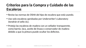 Slide 105: Criterios para la Compra y Cuidado de las Escaleras