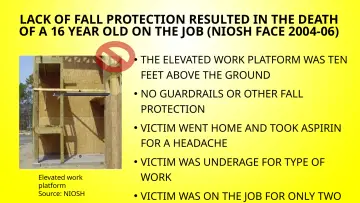Slide 20: LACK OF FALL PROTECTION RESULTED IN THE DEATH OF A 16 YEAR OLD ON THE JOB (NIOSH FACE…