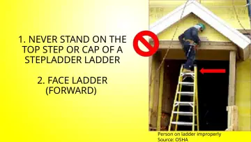 Slide 123: 1. NEVER STAND ON THE TOP STEP OR CAP OF A STEPLADDER LADDER