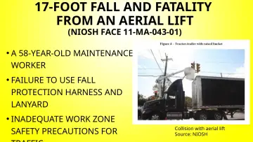 Slide 144: 17-FOOT FALL AND FATALITY FROM AN AERIAL LIFT