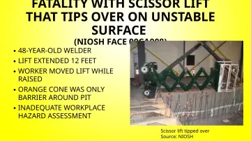 Slide 145: FATALITY WITH SCISSOR LIFT THAT TIPS OVER ON UNSTABLE SURFACE