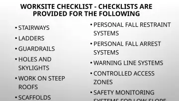Slide 147: WORKSITE CHECKLIST - CHECKLISTS ARE PROVIDED FOR THE FOLLOWING