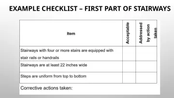 Slide 149: EXAMPLE CHECKLIST – FIRST PART OF STAIRWAYS