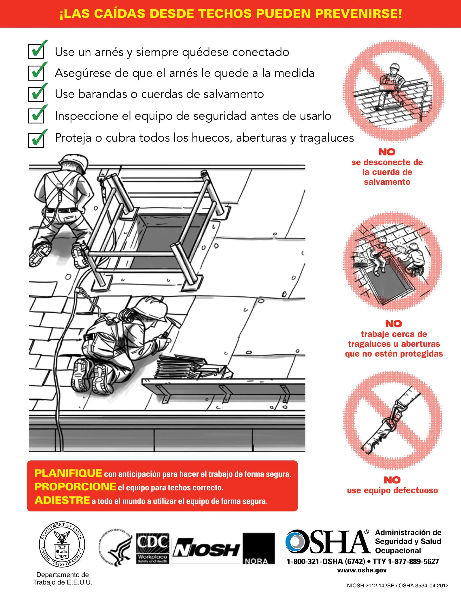 Hoja informativa: Prevención de caídas (OSHA 3534), page 1: ¡Las caídas desde techos pueden prevenirse!