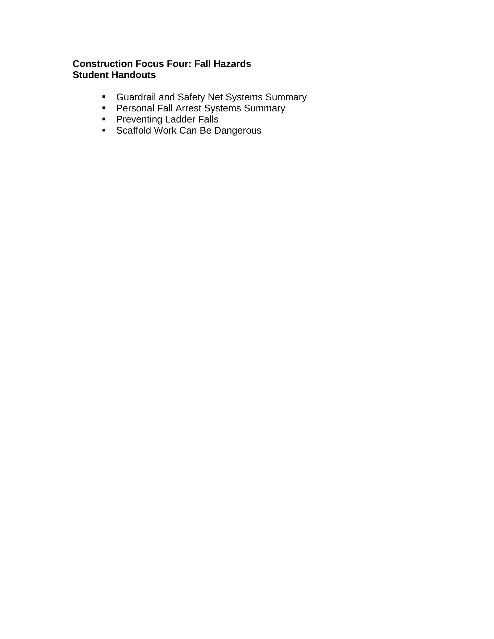 Focus Four: Fall Hazards Student Handouts, page 1: Construction Focus Four: Fall Hazards