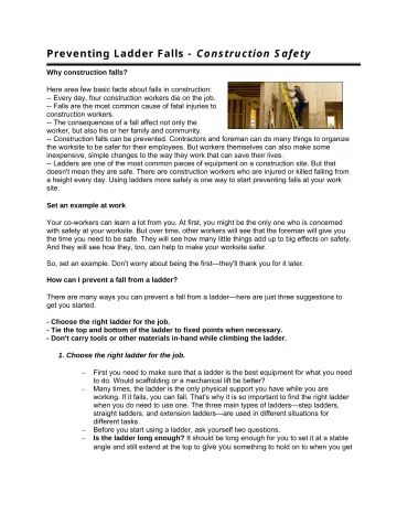 Page 7: Preventing Ladder Falls - Construction Safety