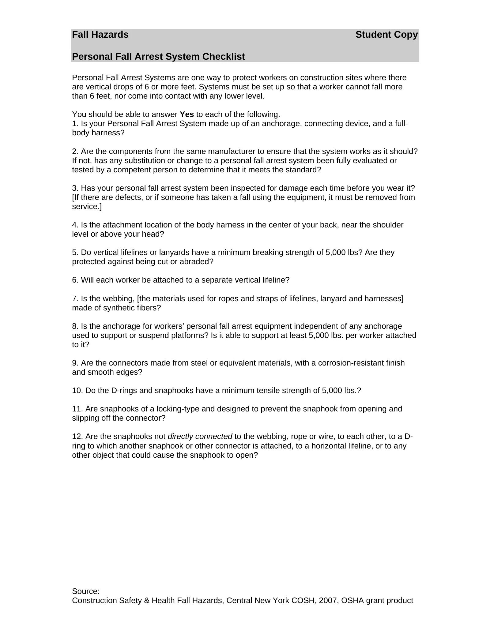 Focus Four: Personal Fall Arrest System Checklist, page 1: Fall Hazards Student Copy