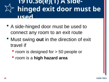Slide 18: 1910.36(e)(1) A side-hinged exit door must be used