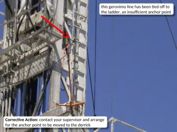 Slide 8: this geronimo line has been tied off to the ladder, an insufficient anchor point