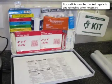 Slide 11: first aid kits must be checked regularly and restocked when necessary