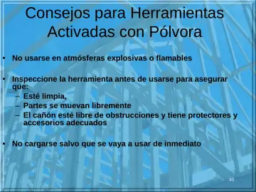 Slide 40: Consejos para Herramientas Activadas con Pólvora