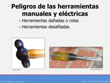 Slide 10: Peligros de las herramientas manuales y eléctricas