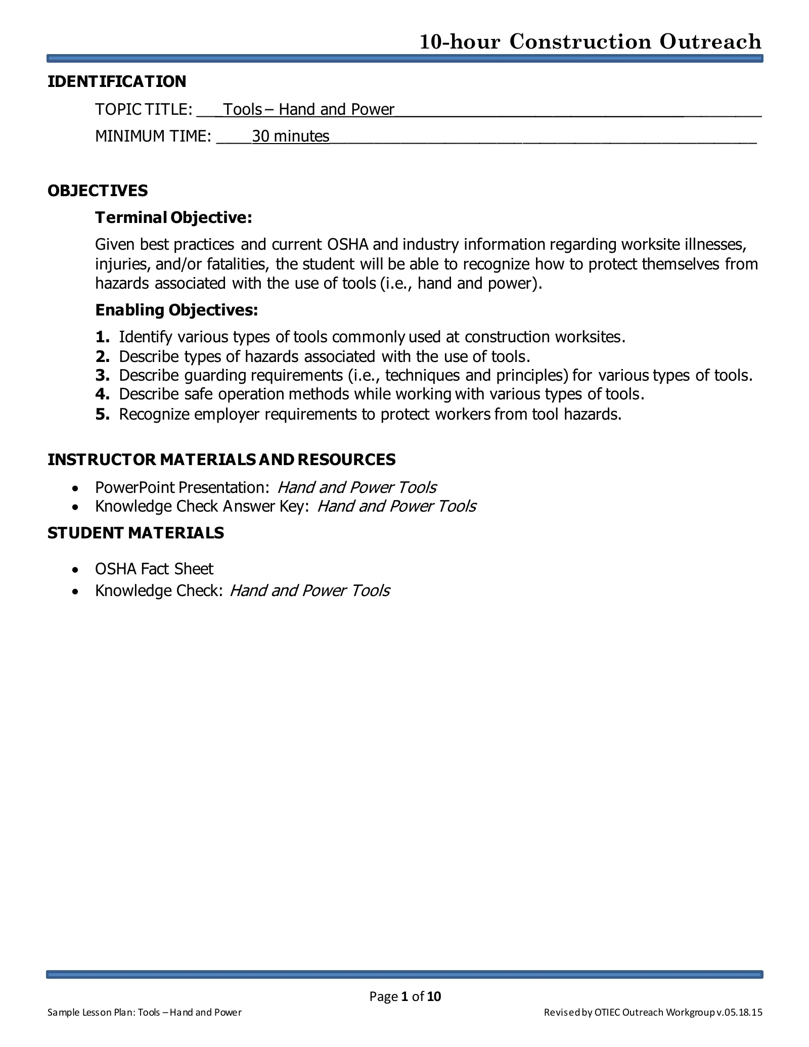 Tools - Hand and Power: Lesson Plan (OSHA 10-Hour Construction Outreach), page 1: IDENTIFICATION
