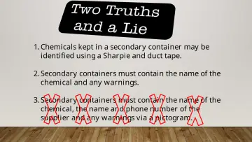 Slide 6: 1. Chemicals kept in a secondary container may be identified using a Sharpie and duct…
