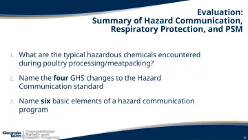 Slide 34: Evaluation: Summary of Hazard Communication, Respiratory Protection, and PSM