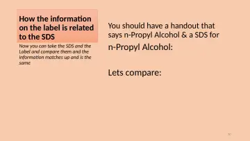 Slide 70: How the information on the label is related to the SDS