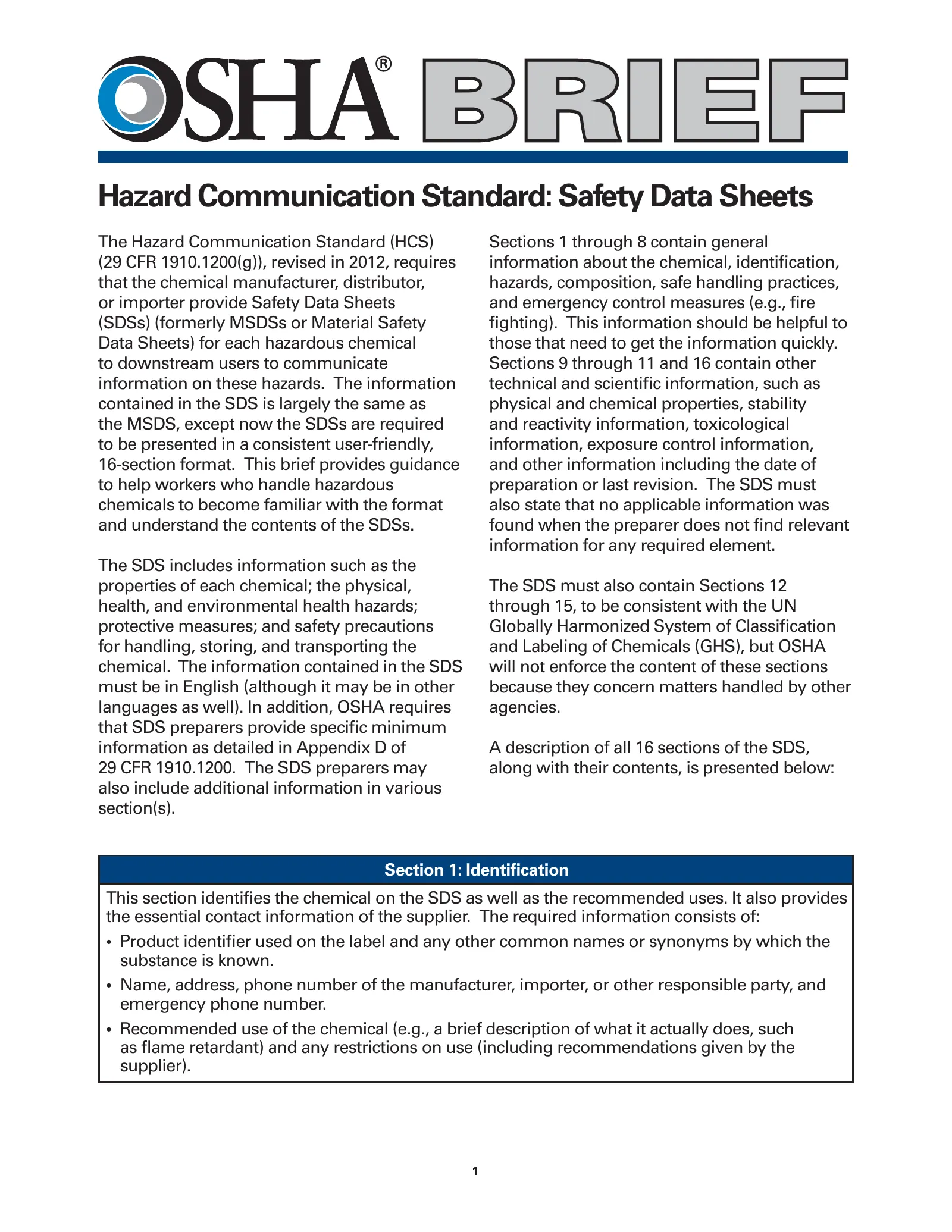 BR-3514 - Hazard Communication Standard: Safety Data Sheets - OSHA Brief, page 1: BRIEF