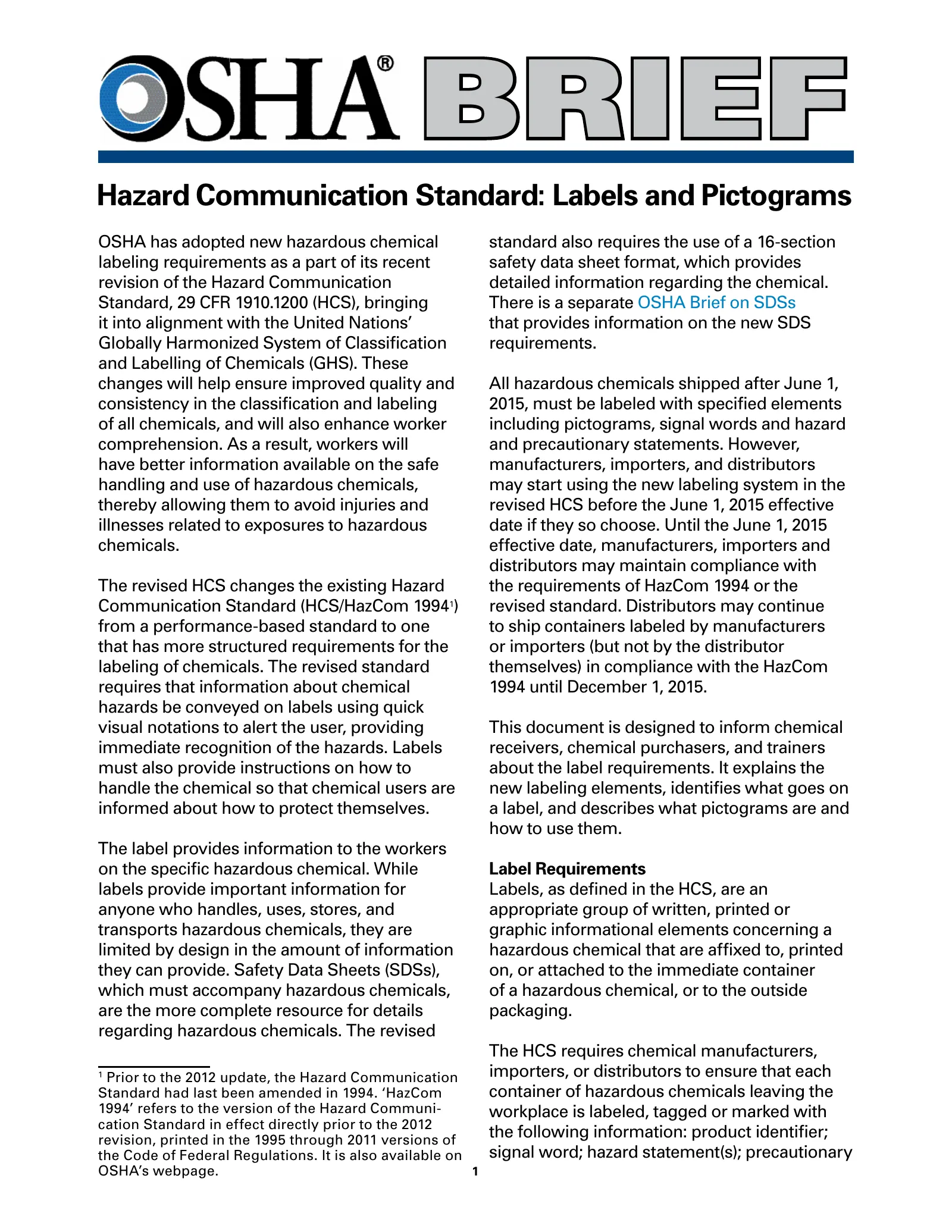 BR-3636 - Hazard Communication Standard: Labels and Pictograms - Brief, page 1: BRIEF