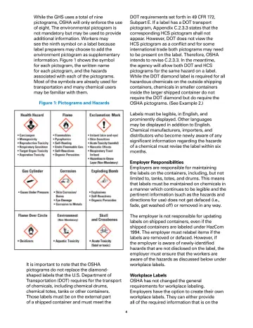 Page 4: While the GHS uses a total of nine pictograms, OSHA will only enforce the use of eight. …