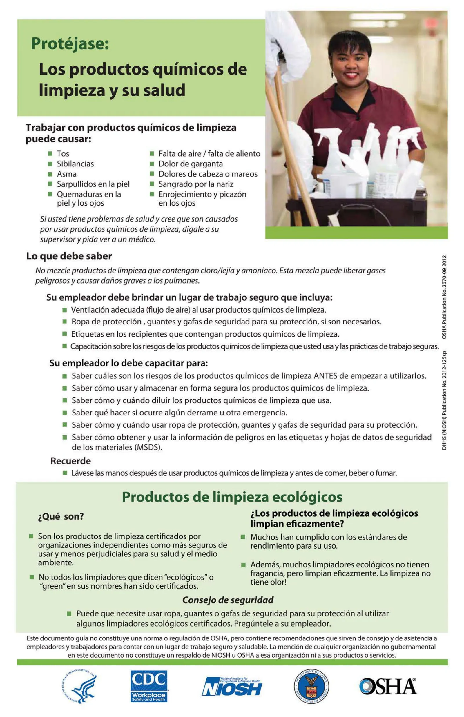 Cleaning Chemicals: Protect Yourself--Cleaning Chemicals and Your Health Poster (OSHA 3570) (en español), page 1: Protejase: