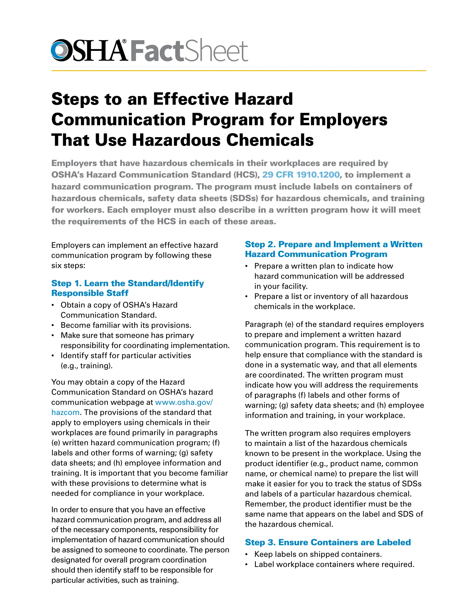 Hazard Communication: Steps to an Effective Hazard Communication Program for Employers That Use Hazardous Chemicals Fact Sheet (OSHA FS 3696), page 1: FactSheet